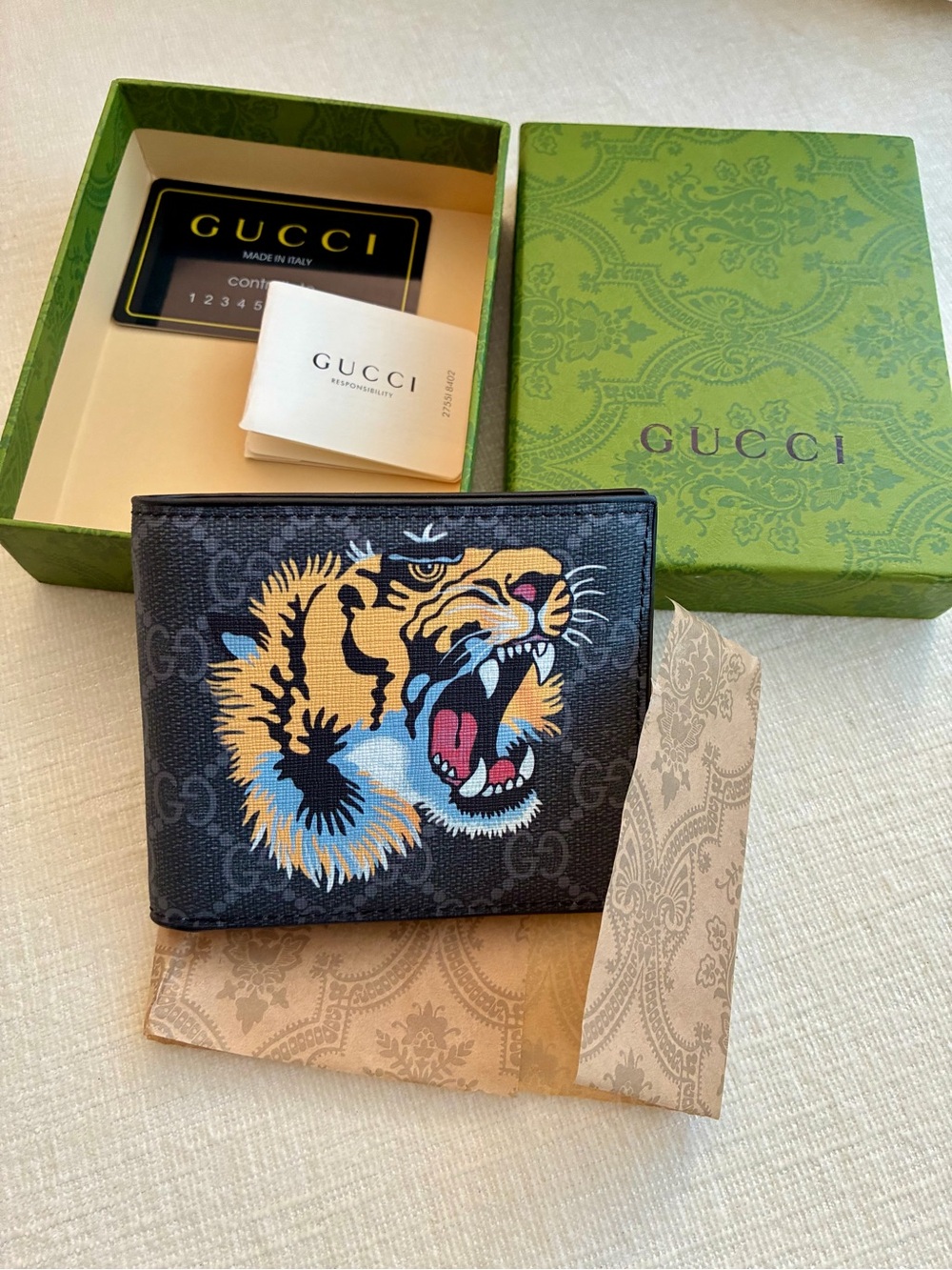 Gucci Men's Black GG Supreme Tiger Bi-Fold Wallet
